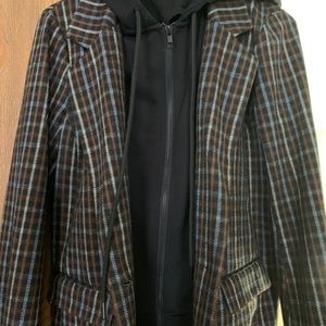 Liverpool Plaid Boyfriend Jacket with Removable Hoodie Bib Small Brown/Tan/Blue